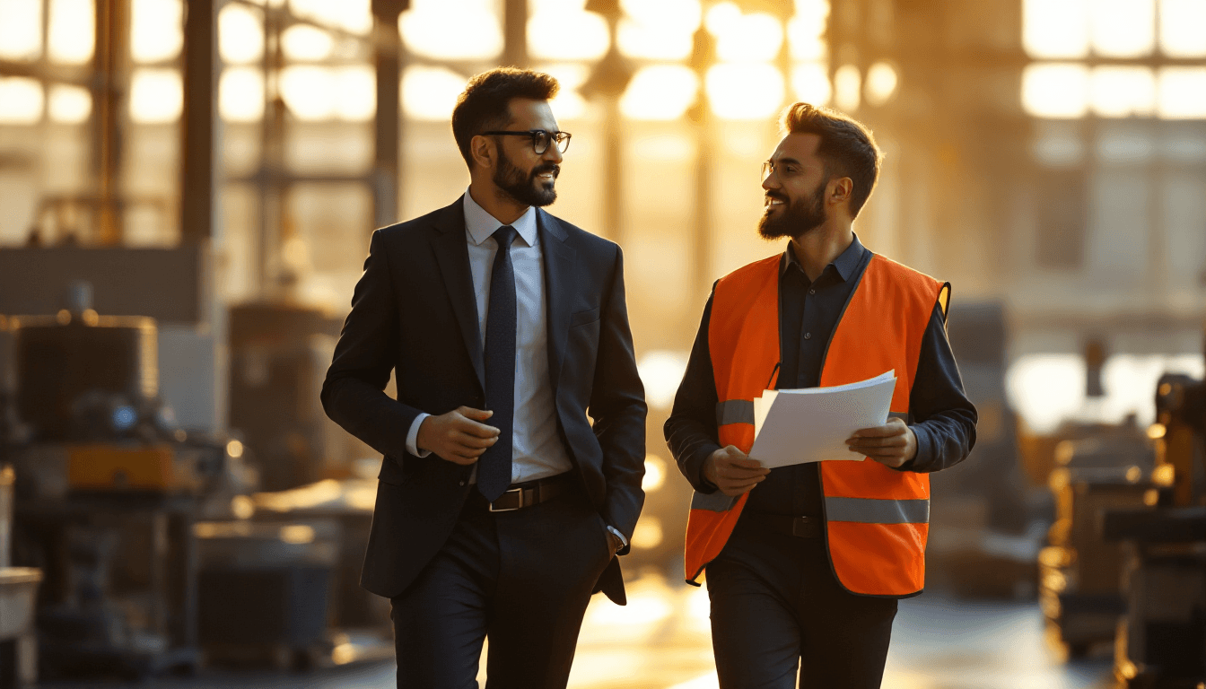 Senior operations executive walking through manufacturing facility with a plant manager