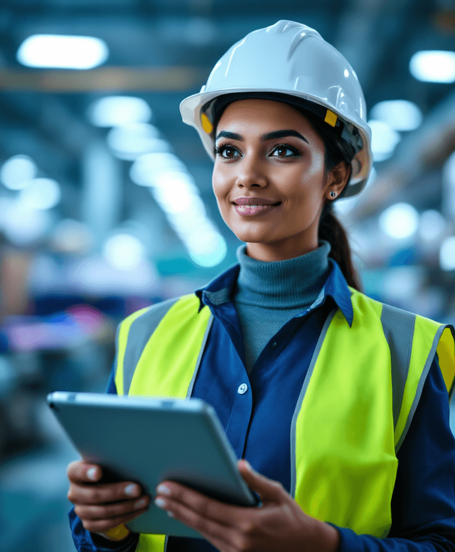 Female engineer in white hard hat reviewing a tablet on a modern manufacturing floor